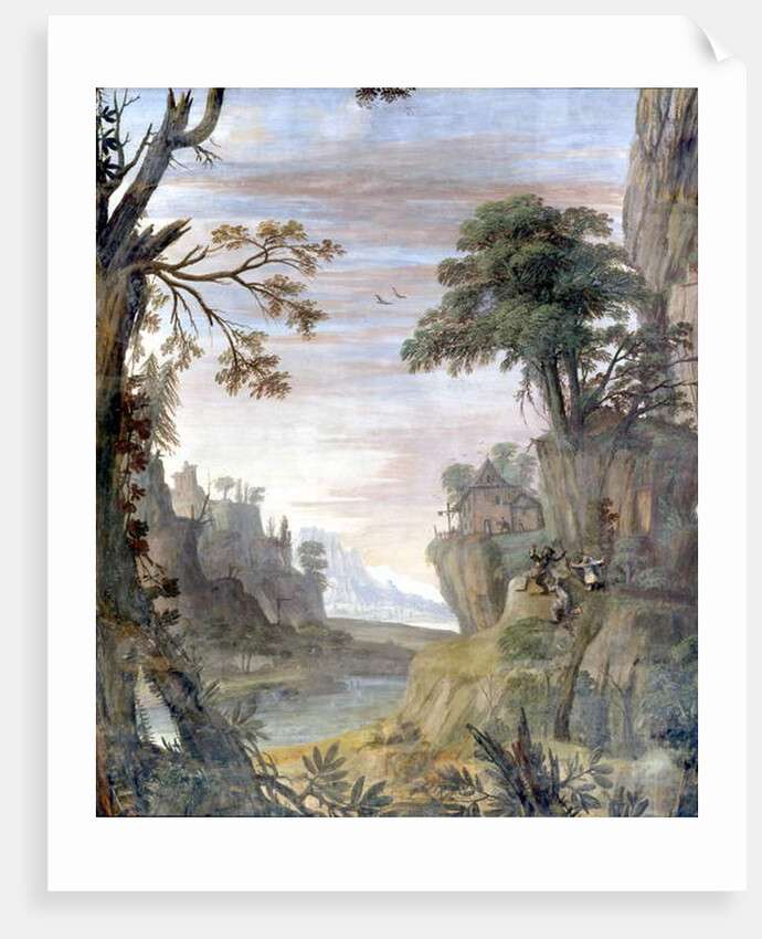 River and landscape, detail by Giovanni Ghisolfi