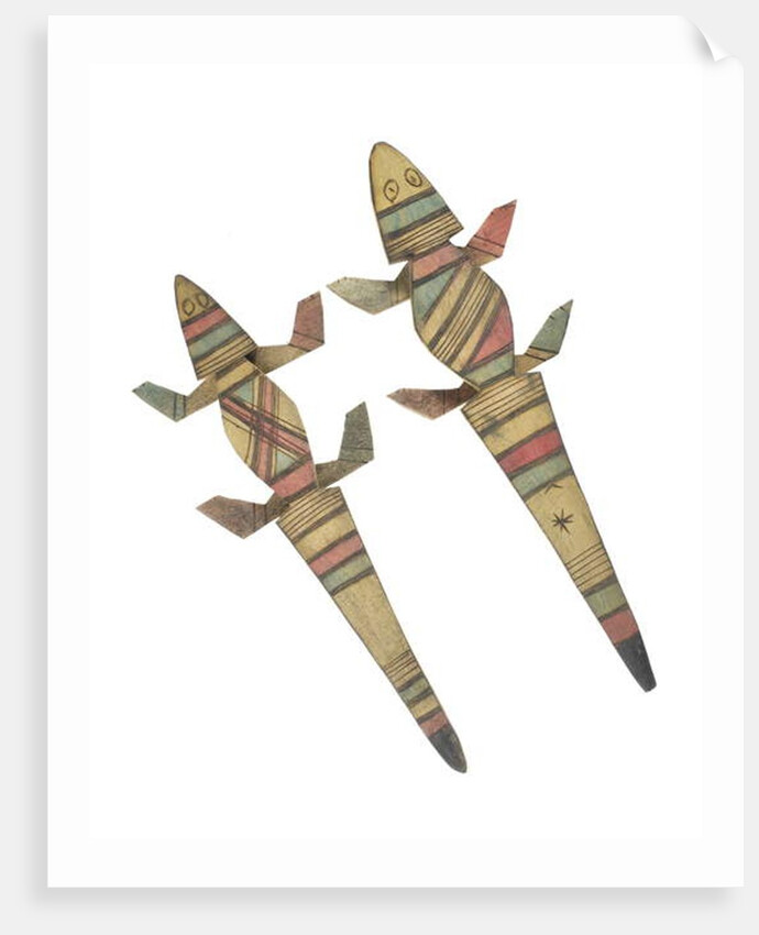 Carved wooden crocodile figures decorated with red, green and black painted geometric patterns, Hausa People, Kano, Northern Nigeria by Nigerian Nigerian