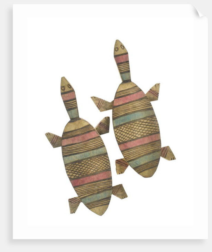 Carved wooden tortoise figures decorated with red, green and black painted geometric patterns, Hausa People, Kano, Northern Nigeria by Nigerian Nigerian