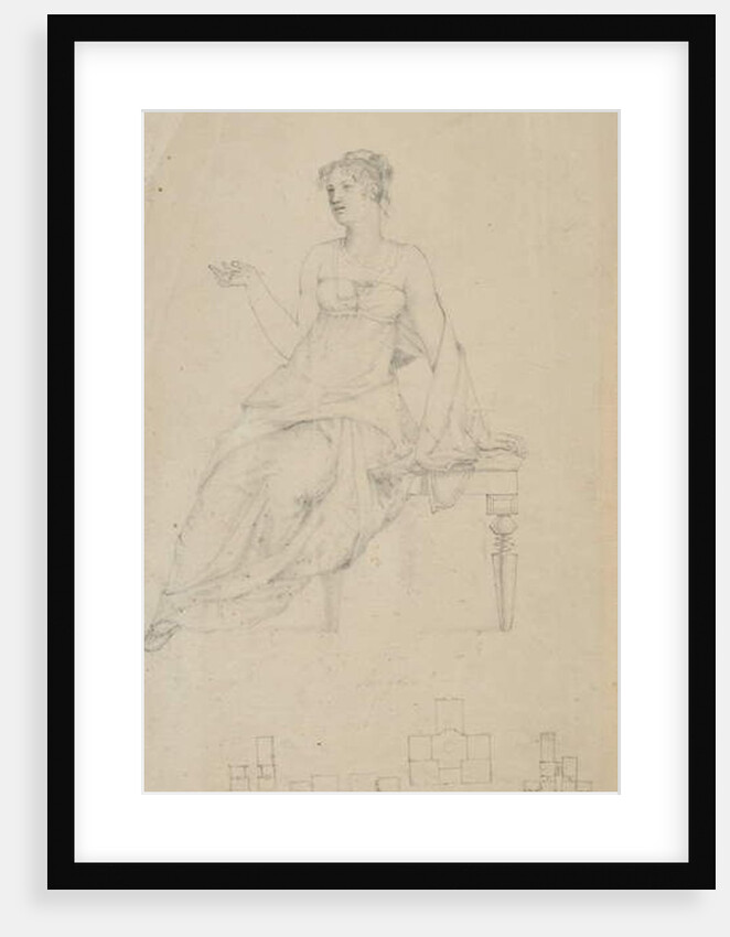 Woman seated on a bench and four floor plans by Samuel Finley Breese Morse