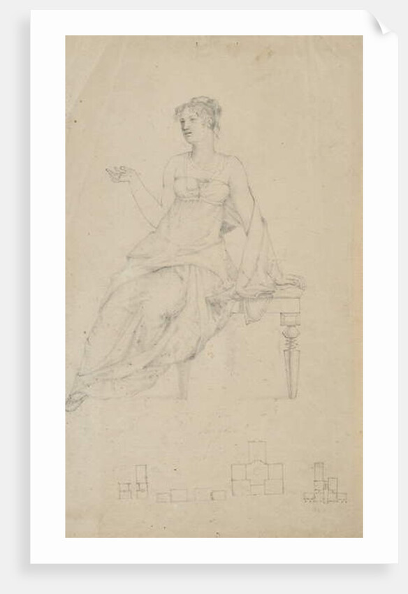 Woman seated on a bench and four floor plans by Samuel Finley Breese Morse