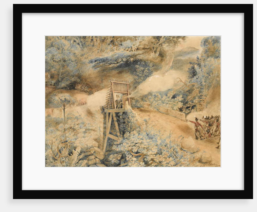 The 3rd West India Regiment fire on French troops at a bridge head, on the Ile de Cabret or Terre d'en Haut, April 1809, 1810 by John Eckstein