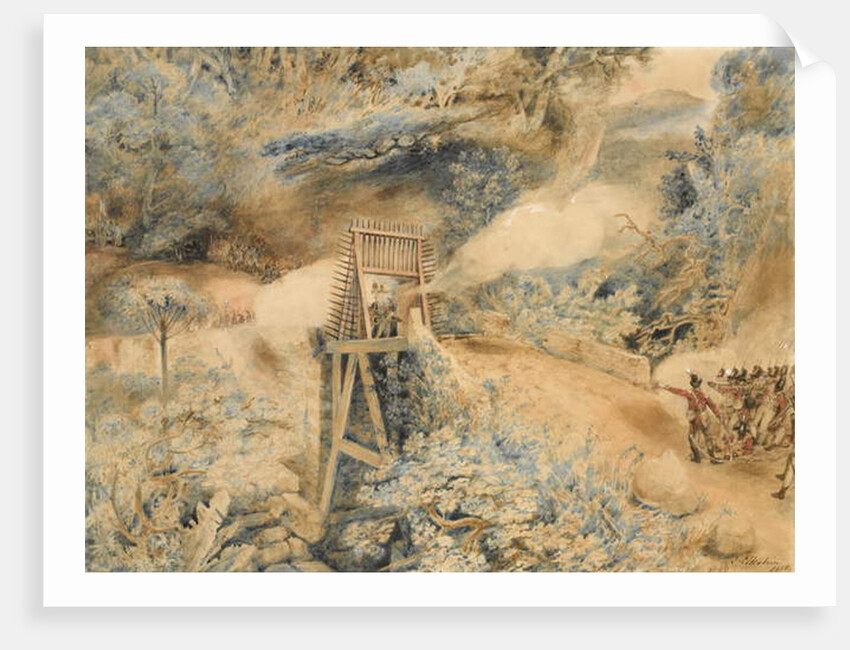 The 3rd West India Regiment fire on French troops at a bridge head, on the Ile de Cabret or Terre d'en Haut, April 1809, 1810 by John Eckstein