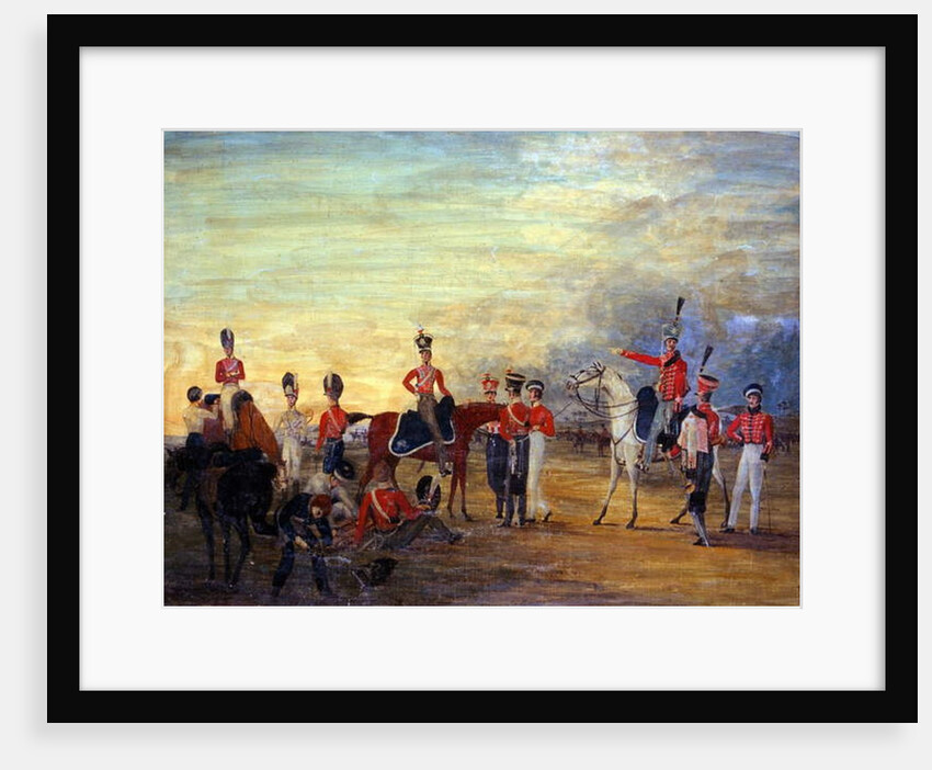 A group of mounted and dismounted officers and men of the Yorkshire Yeomanry in various orders of dress, c.1820 by English School