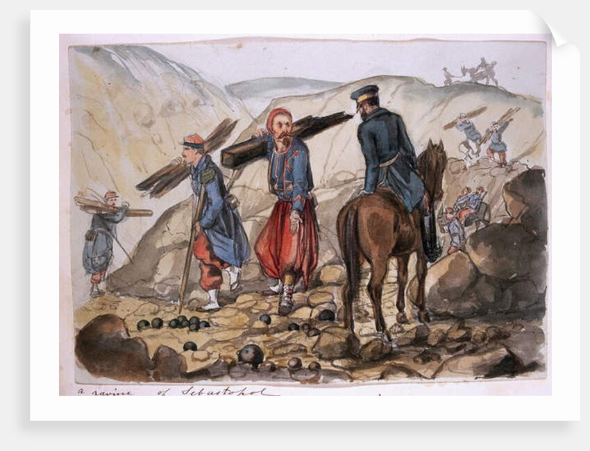 A ravine of Sebastopol after the explosion in the mamelon vert: a Zouave collects wood from the remains by George Cadogan