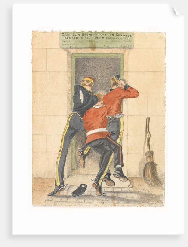 A hussar, an infantryman and a dragoon, all in undress uniform, scrambling for the entrance of a canteen, c.1890 by English School