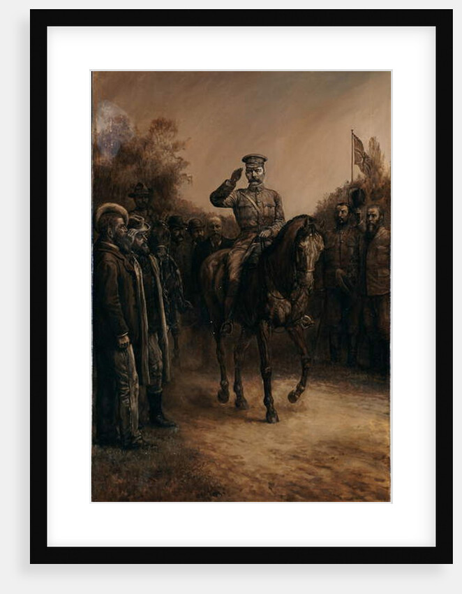 General Lord Kitchener saluting as he rides past Boer leaders who stand, doffing their hats, 1902 by Johann Nepomuk Schonberg