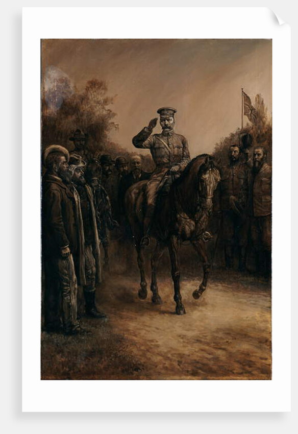 General Lord Kitchener saluting as he rides past Boer leaders who stand, doffing their hats, 1902 by Johann Nepomuk Schonberg
