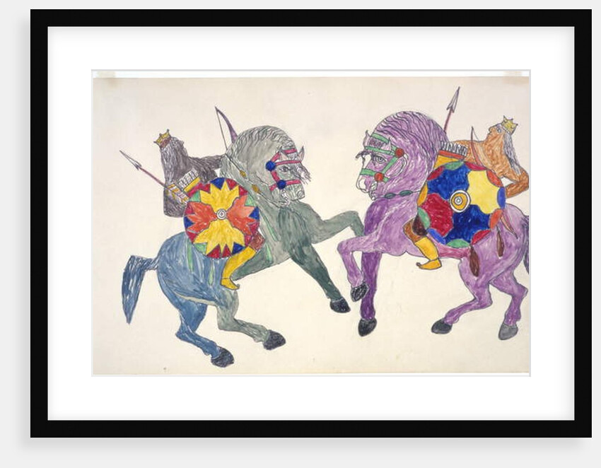 Two men with shields on rearing horses by Frederick Gokliz