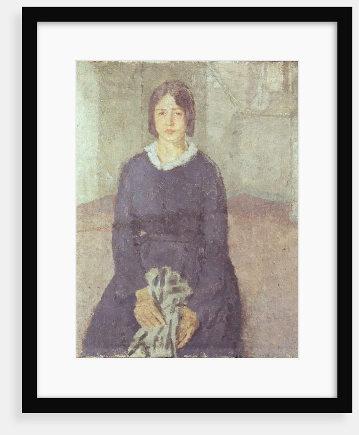 Girl in a blue dress holding a piece of sewing by Gwen John
