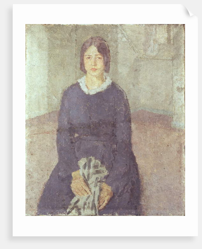 Girl in a blue dress holding a piece of sewing by Gwen John