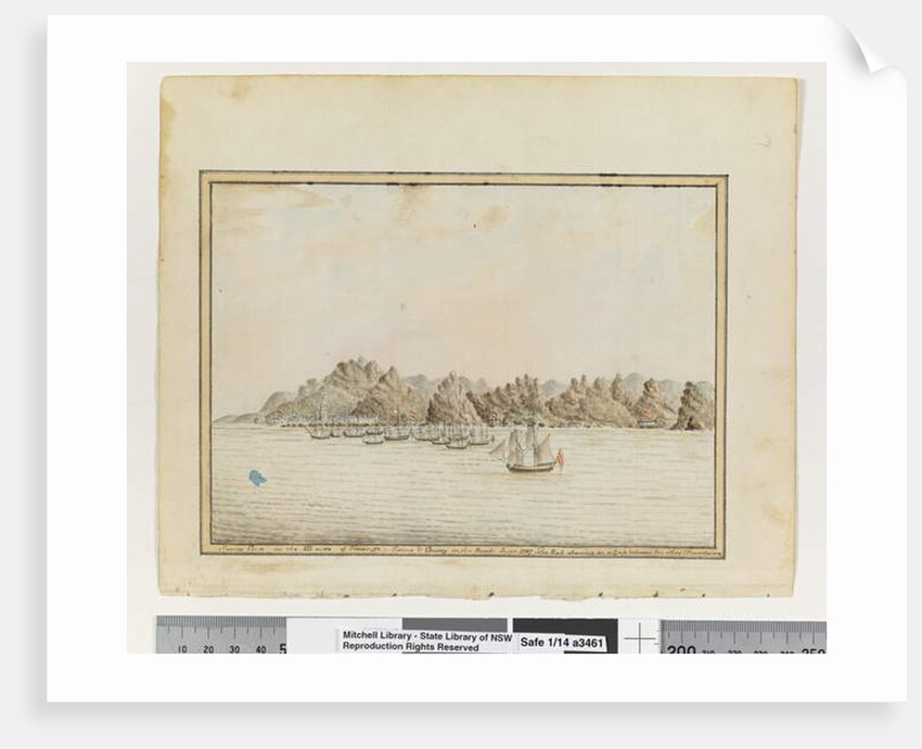 Opp. p. 19. 'Santa Cruz on the SE side of Teneriffe; Sirius & Convoy in the Roads. June 1787. The Peak Shewing in a Gap betweeen two other Mountains', c.1802 by William Bradley