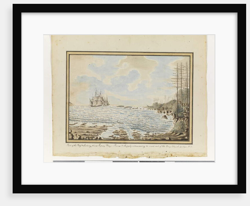 Opp. p. 194. `Part of the Reef & Landing places Sydney Bay; Sirius & Supply endeavouring to work out of the Bay. March 19 1790', c.1802 by William Bradley
