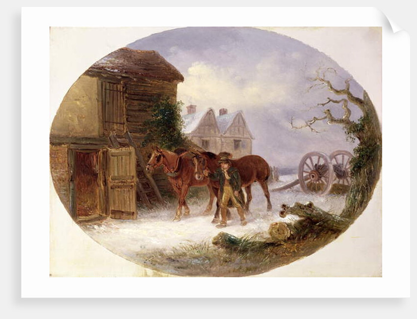 Boy leading horses to a barn in the snow by Thomas Smythe