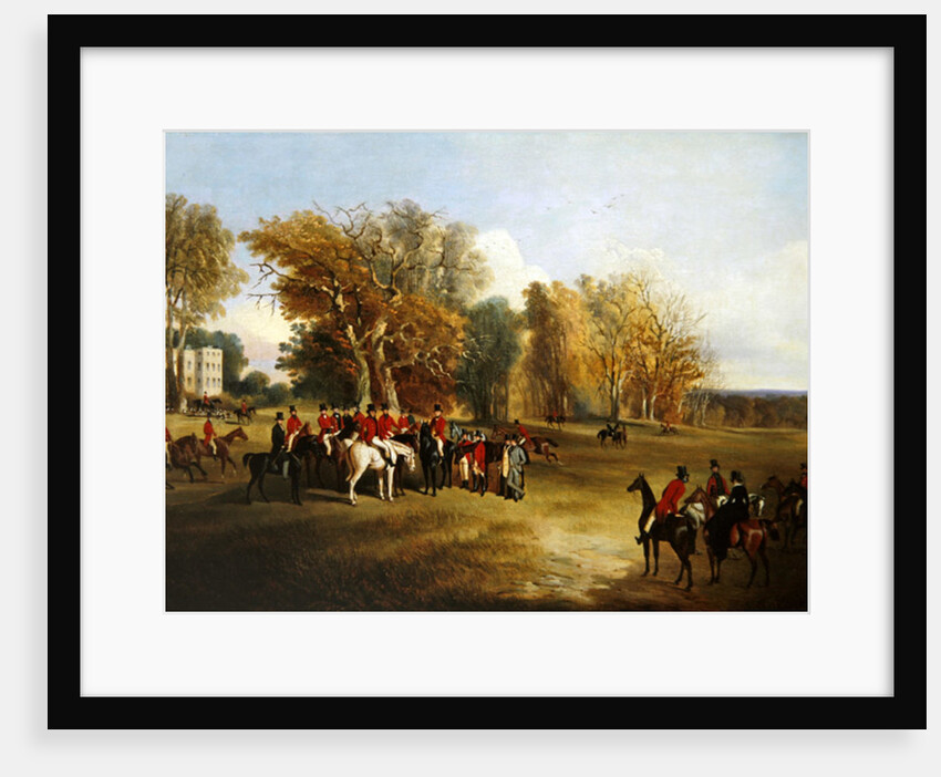 A hunt meet in a parkland with a country house by John Dalby