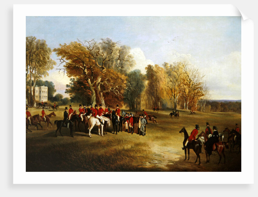 A hunt meet in a parkland with a country house by John Dalby