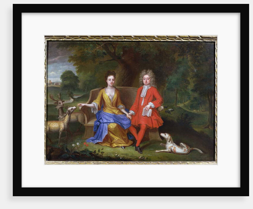 Portrait of Sir Charles Shuckburgh and his wife, Diana, with Shuckburgh Hall, Warwickshire in the background, c.1690 by Adriaen van Diest