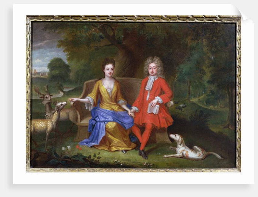 Portrait of Sir Charles Shuckburgh and his wife, Diana, with Shuckburgh Hall, Warwickshire in the background, c.1690 by Adriaen van Diest