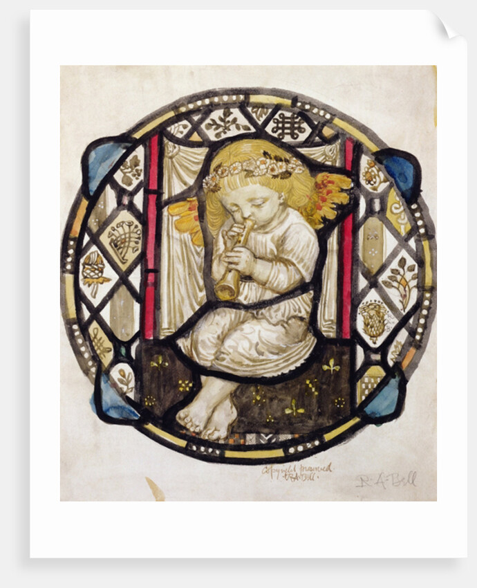 Stained Glass design of Putto playing the Flute by Robert Anning Bell