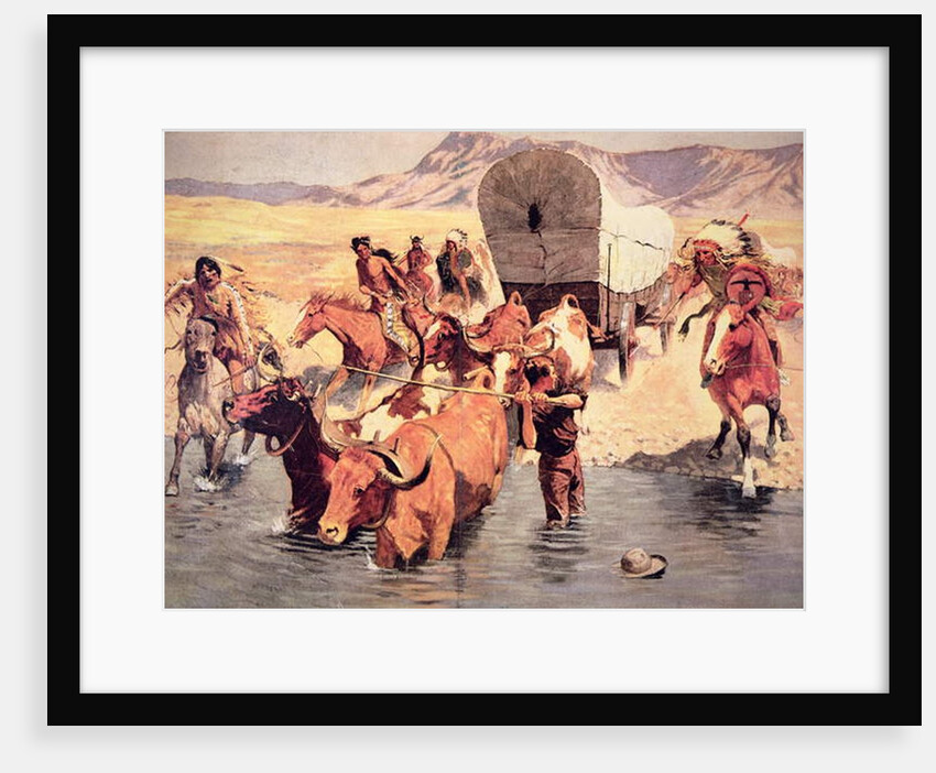 Indians attacking a pioneer wagon train by Frederic Remington