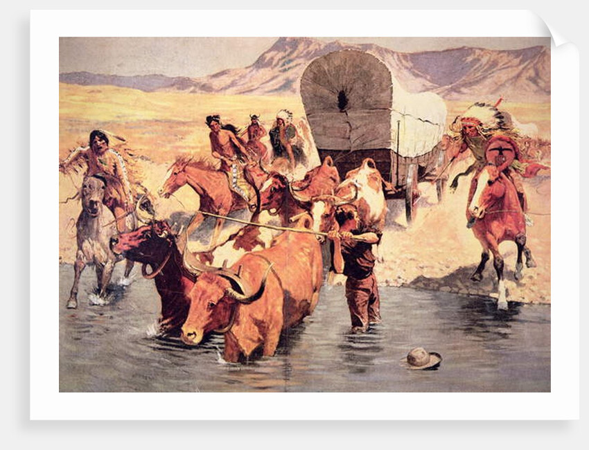 Indians attacking a pioneer wagon train by Frederic Remington