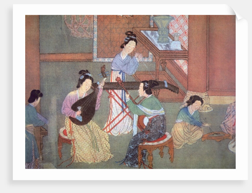 Chinese lute, moon guitar and table zither by Ming Dynasty Chinese School