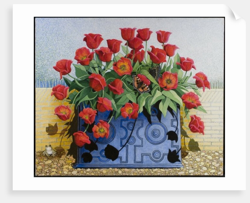 Getting There, 2011 flowers; tulips; still life; window box; toad; frog; butterflies; by Pat Scott