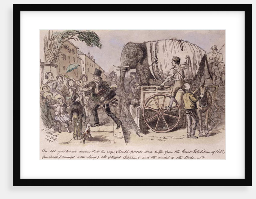 An old gentleman anxious that his wife should possess some trifle from the Great Exhibition of 1851, purchases the stuffed elephant and the model of the dodo by John Leech