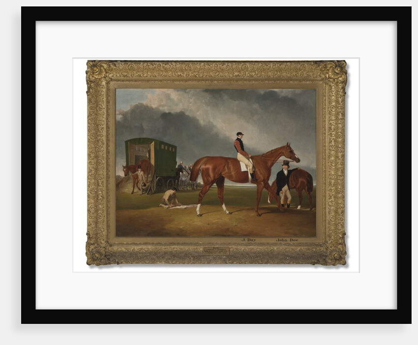 Portrait of Lord George Bentincks Horse Elis with rider, John Day, and trainer, John Doe, Doncaster, 1836 by Abraham Cooper