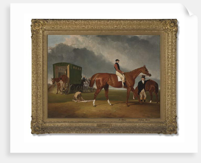 Portrait of Lord George Bentincks Horse Elis with rider, John Day, and trainer, John Doe, Doncaster, 1836 by Abraham Cooper