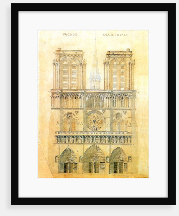 Project of for restoration of west facade of Notre Dame cathedral in Paris with the spire, 1843 by Eugene Emmanuel Viollet-le-Duc