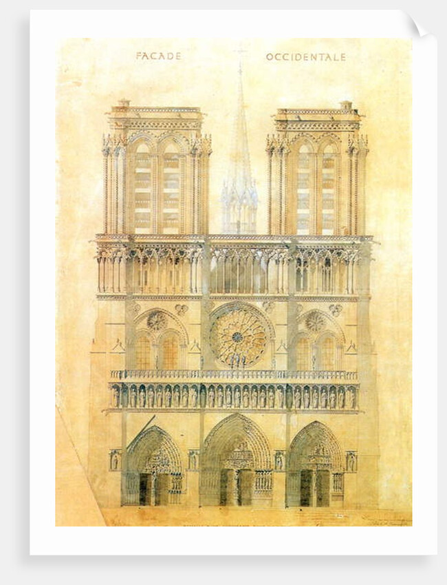 Project of for restoration of west facade of Notre Dame cathedral in Paris with the spire, 1843 by Eugene Emmanuel Viollet-le-Duc