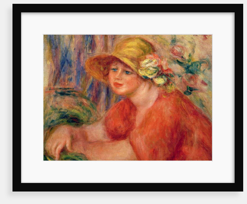 Portrait of a woman in a hat decorated with flowers by Pierre Auguste Renoir