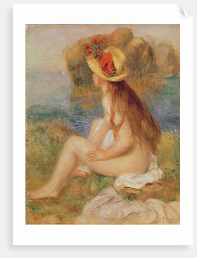 Seated female bather in a straw hat by Pierre Auguste Renoir