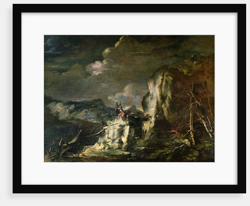 Rocky Landscape with a Huntsman and Warriors by Salvator Rosa