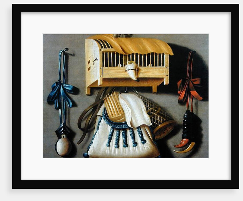 Trompe l'oeil of hunting equipment and a bird cage by Johannes Leemans