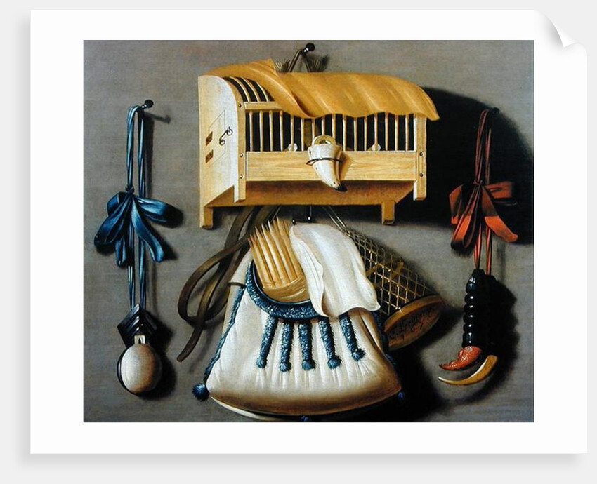 Trompe l'oeil of hunting equipment and a bird cage by Johannes Leemans