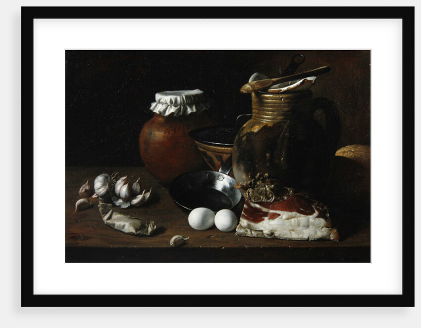 A still life of ham and eggs by Luis Egidio Menendez or Melendez