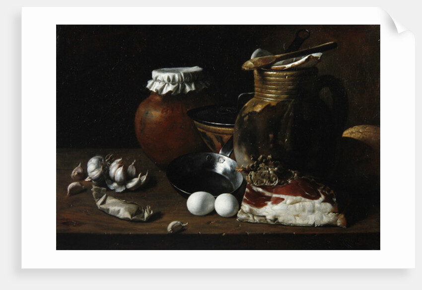 A still life of ham and eggs by Luis Egidio Menendez or Melendez