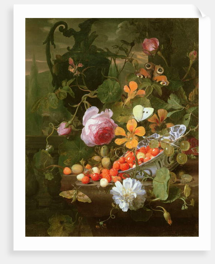 A Still Life of Strawberries in a Bowl and Flowers, 1696 by Jan Mortel