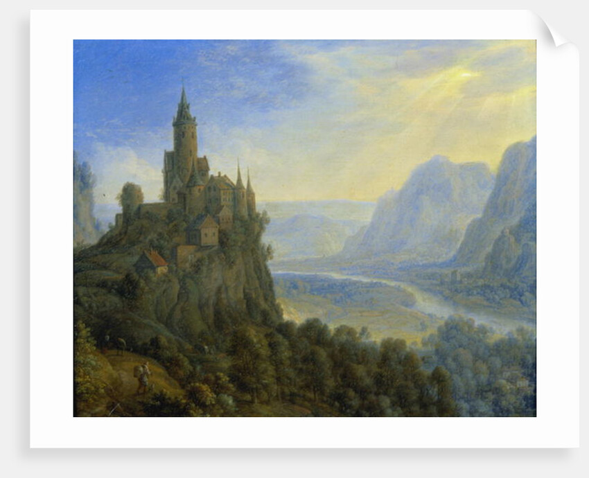 Mountainous landscape with a castle by Cornelis Saftleven