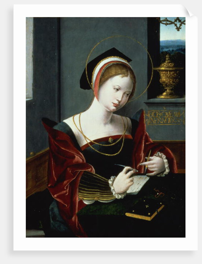 Portrait of a lady writing by Master of the Female Half Lengths