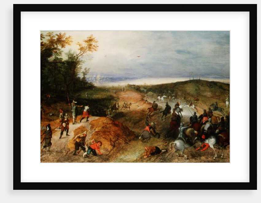 Cavalry attacking horse-drawn wagons by Sebastian Vrancx