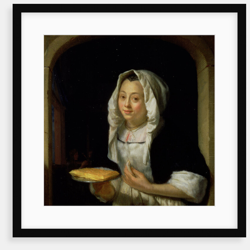Portrait of a maid holding a waffle by Godfried Schalcken