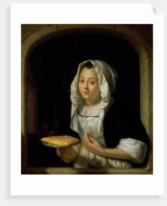 Portrait of a maid holding a waffle by Godfried Schalcken
