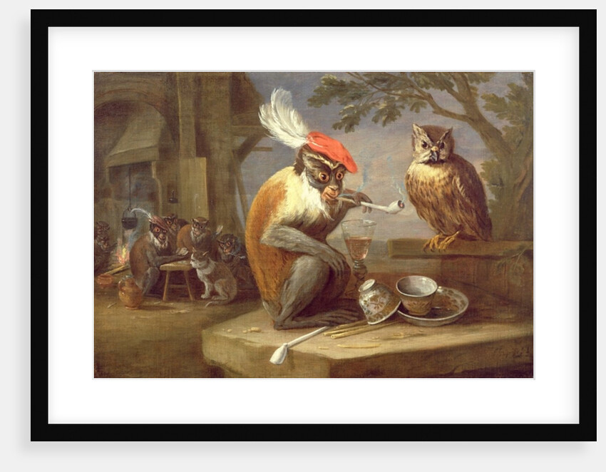 A monkey smoking and drinking with an owl by Ferdinand van Kessel