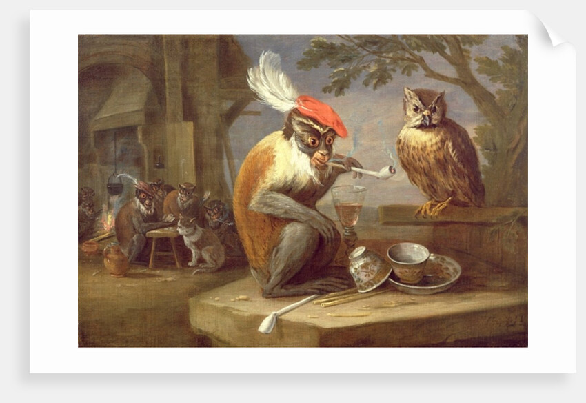 A monkey smoking and drinking with an owl by Ferdinand van Kessel