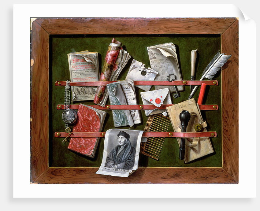 Trompe l'oeil letter rack with a print of an old man, 1703 by Edwaert Colyer