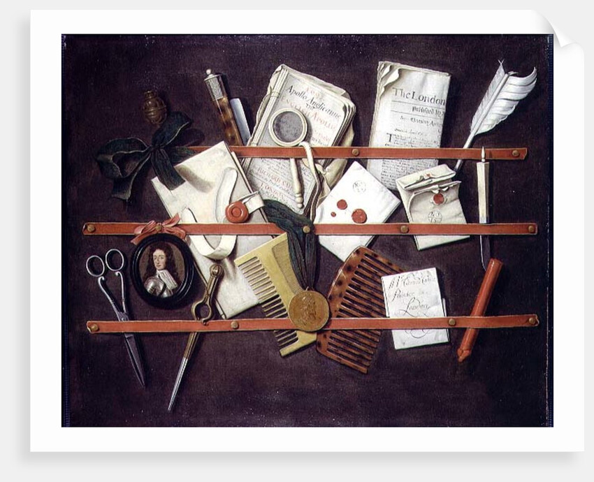 Trompe l'oeil letter rack with a miniature portrait of a young man in armour, 1697 by Edwaert Colyer or Collier