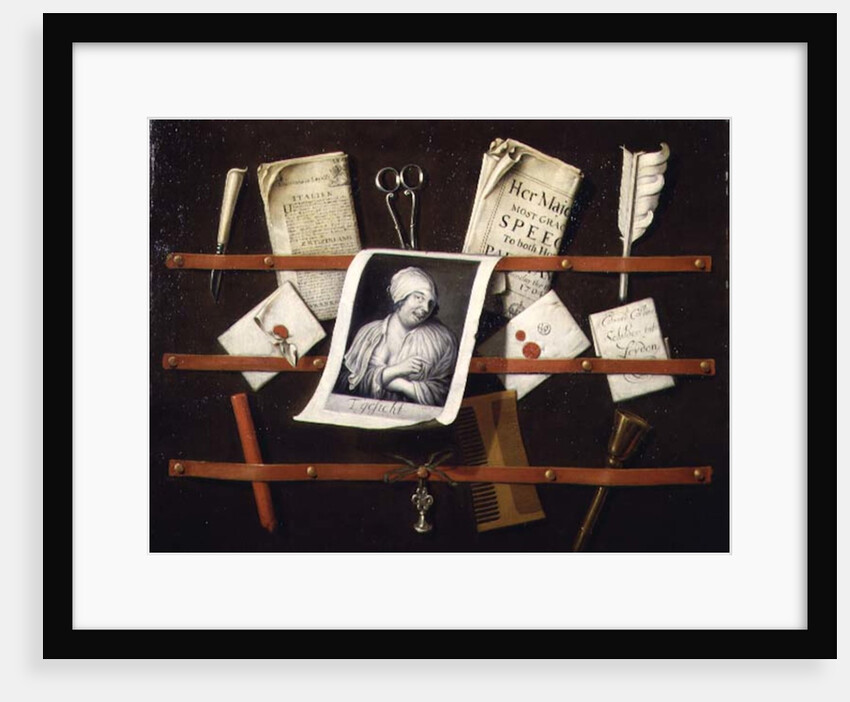 Trompe l'oeil letter rack with a print of a woman and a Parliamentary speech of 1704 by Edwaert Colyer or Collier